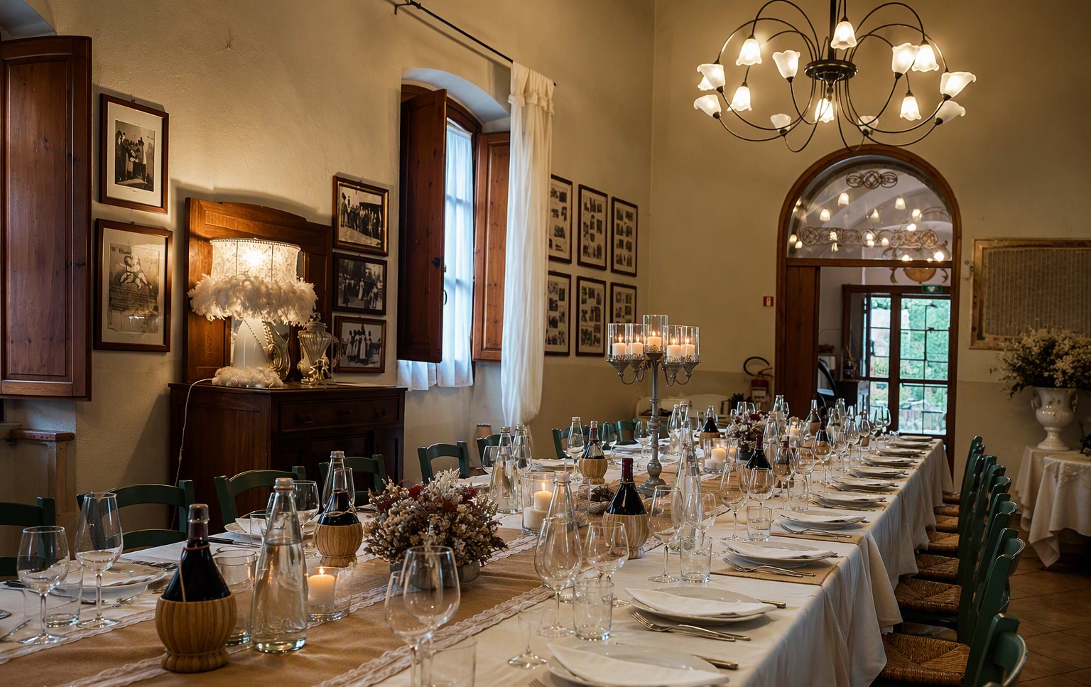La sala elegante con la lunga tavola in tovaglia bianca e il lampadario in ferro
