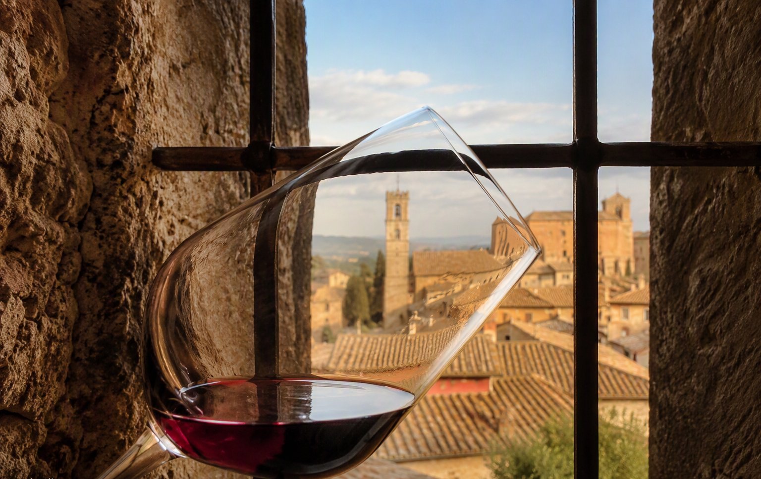 Un calice di chianti accanto alla finestra in pietra con vista sui tetti di Certaldo Alto