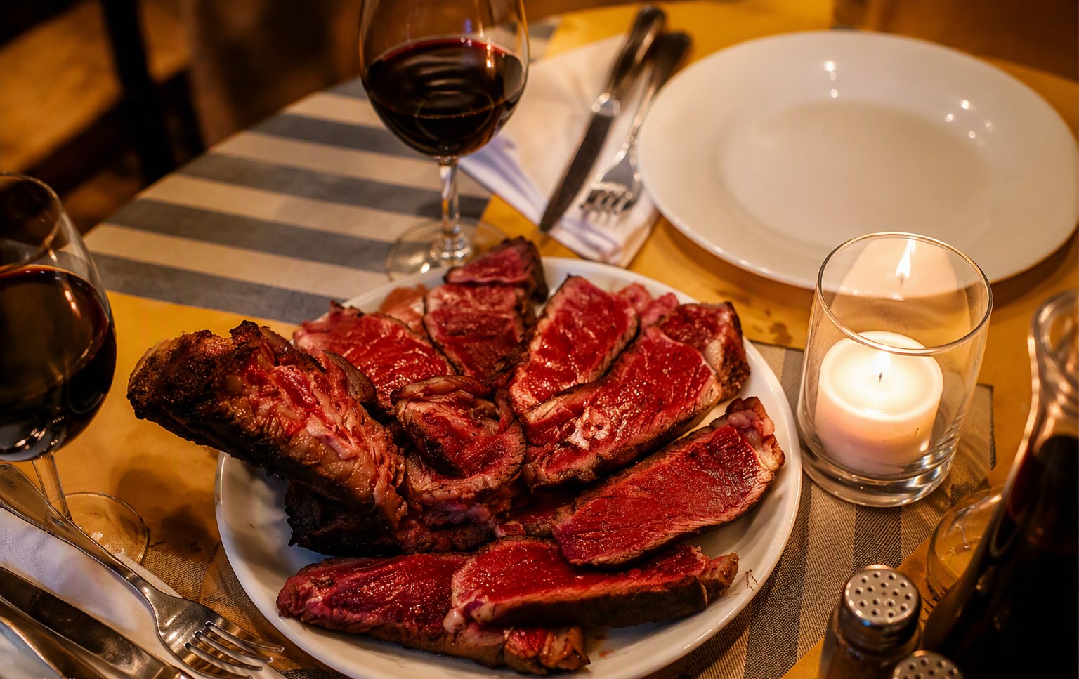 La tagliata affettata al centro rosato, servita a lume di candela con un bicchiere di rosso